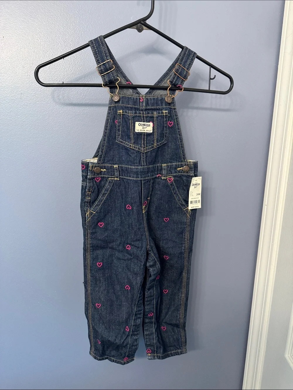 OshKosh B'gosh Dark Blue Denim Overalls with Pink Heart Embroidery